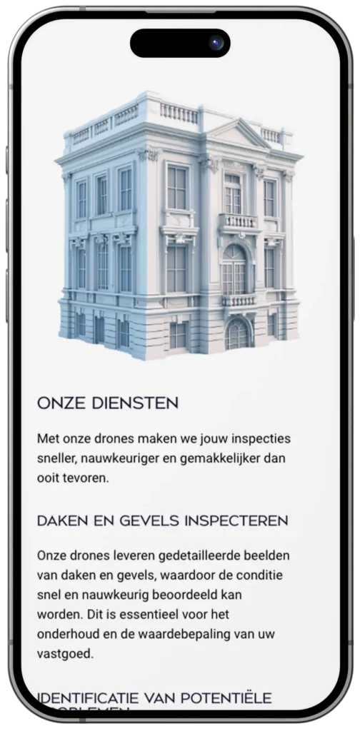 Website Mockup van Pro Aerial op een IPhone 15 Pro.